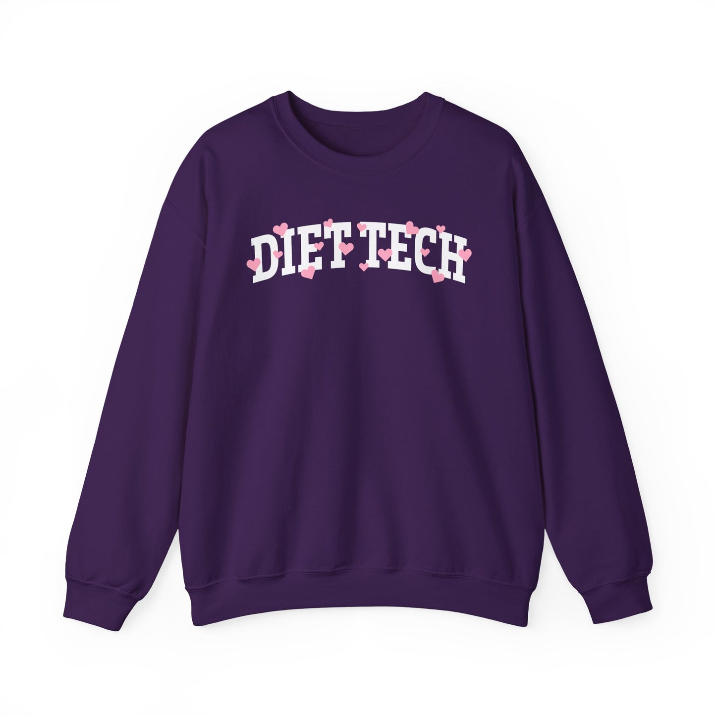 Purple sweatshirt with arched "DIET TECH" text in white with pink hearts sprinkled throughout the letters