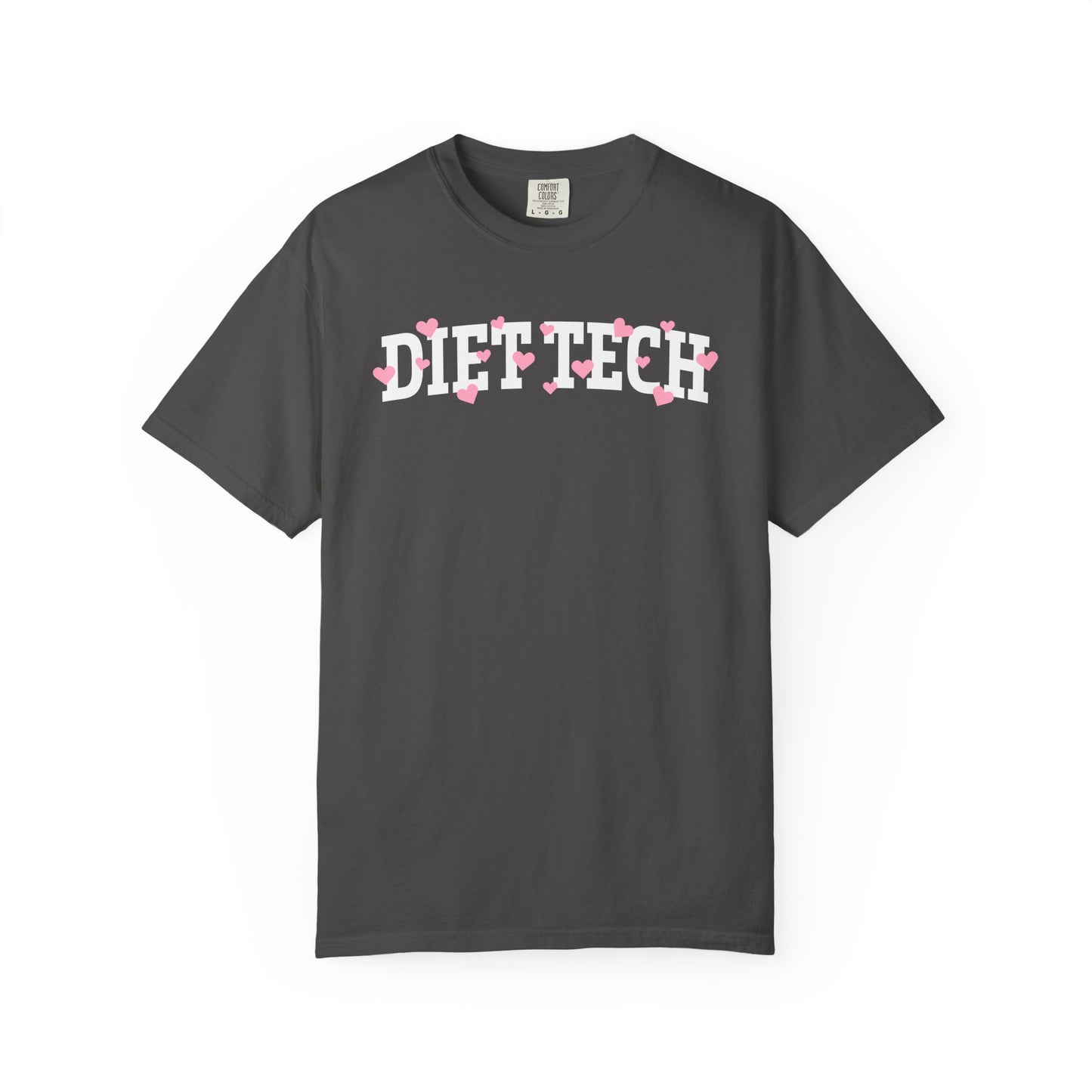 Dark gray tshirt with arched "DIET TECH" text in white with pink hearts sprinkled throughout the letters