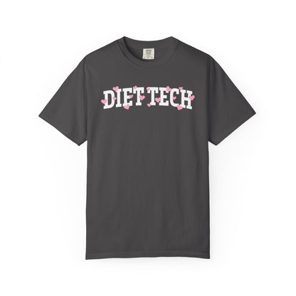 Dark gray tshirt with arched "DIET TECH" text in white with pink hearts sprinkled throughout the letters