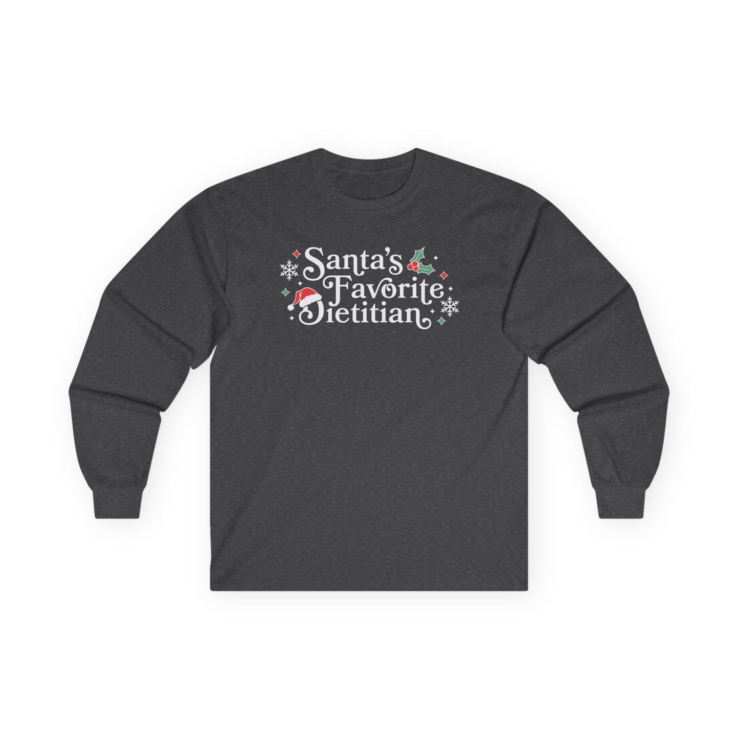 Dark gray long-sleeve shirt with 'Santa's Favorite Dietitian' text on a white background