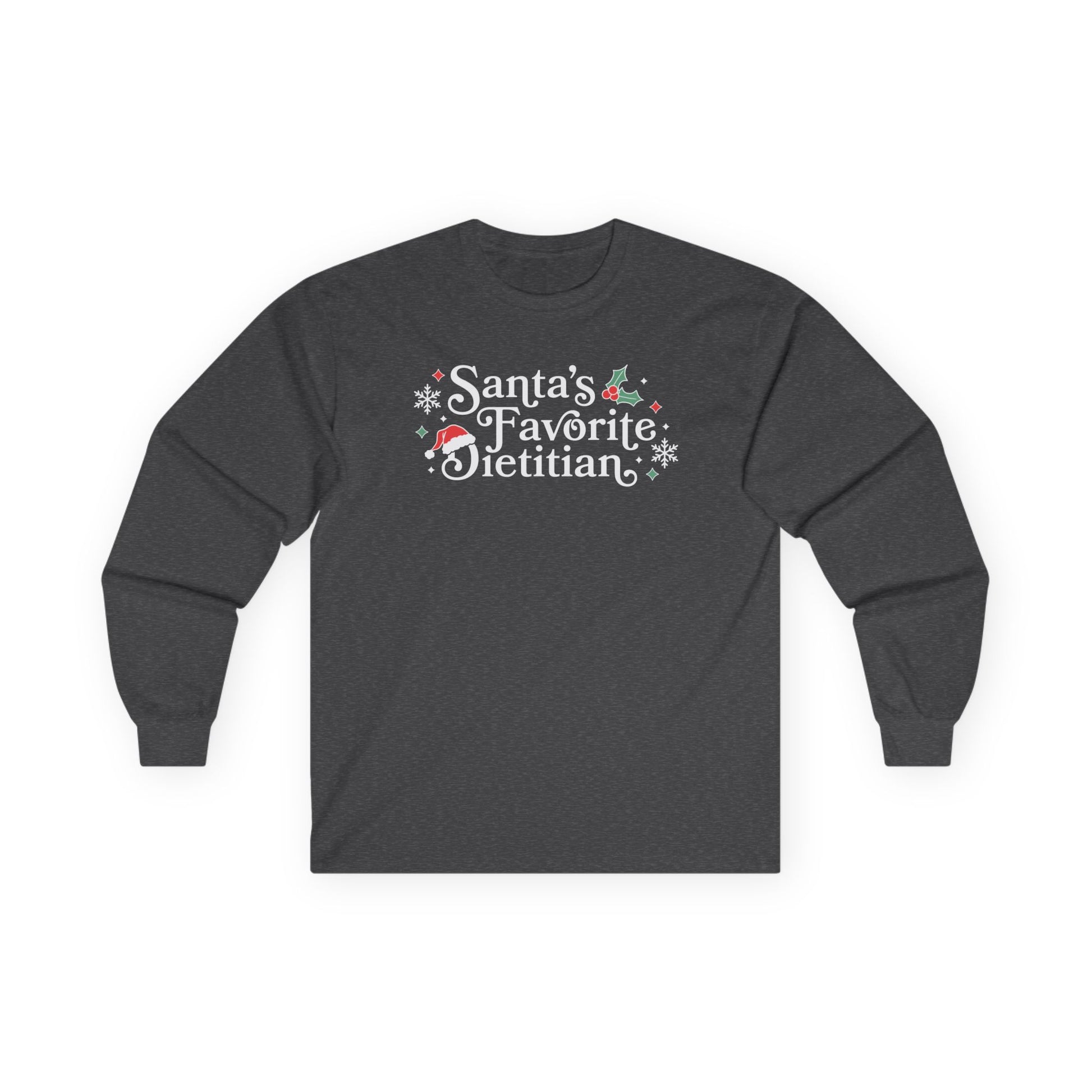 Dark gray long-sleeve shirt with 'Santa's Favorite Dietitian' text on a white background