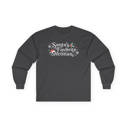 Dark gray long-sleeve shirt with 'Santa's Favorite Dietitian' text on a white background