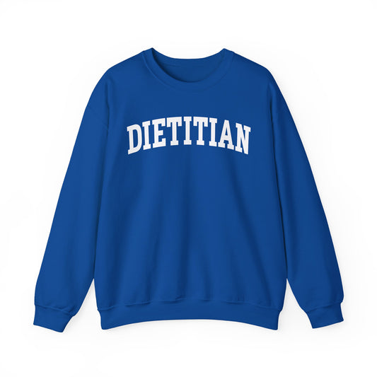 Royal blue sweatshirt with arched text "DIETITIAN" in white 
