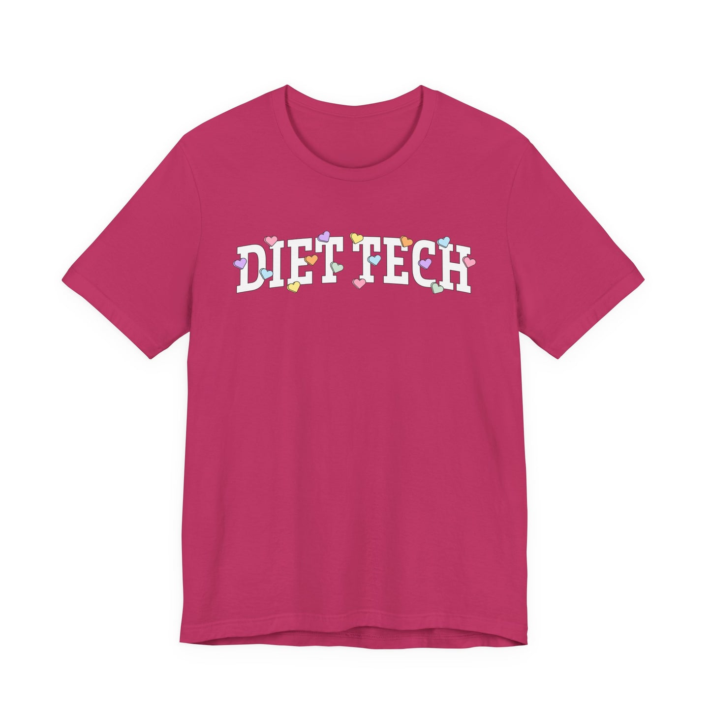 Deep pink tshirt with arched "DIET TECH" text in white with multi-colored heart shaped Valentine candy sprinkled throughout the letters
