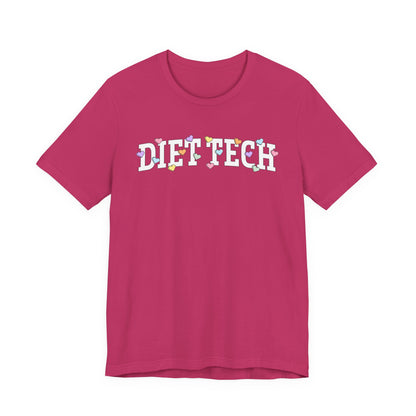 Deep pink tshirt with arched "DIET TECH" text in white with multi-colored heart shaped Valentine candy sprinkled throughout the letters