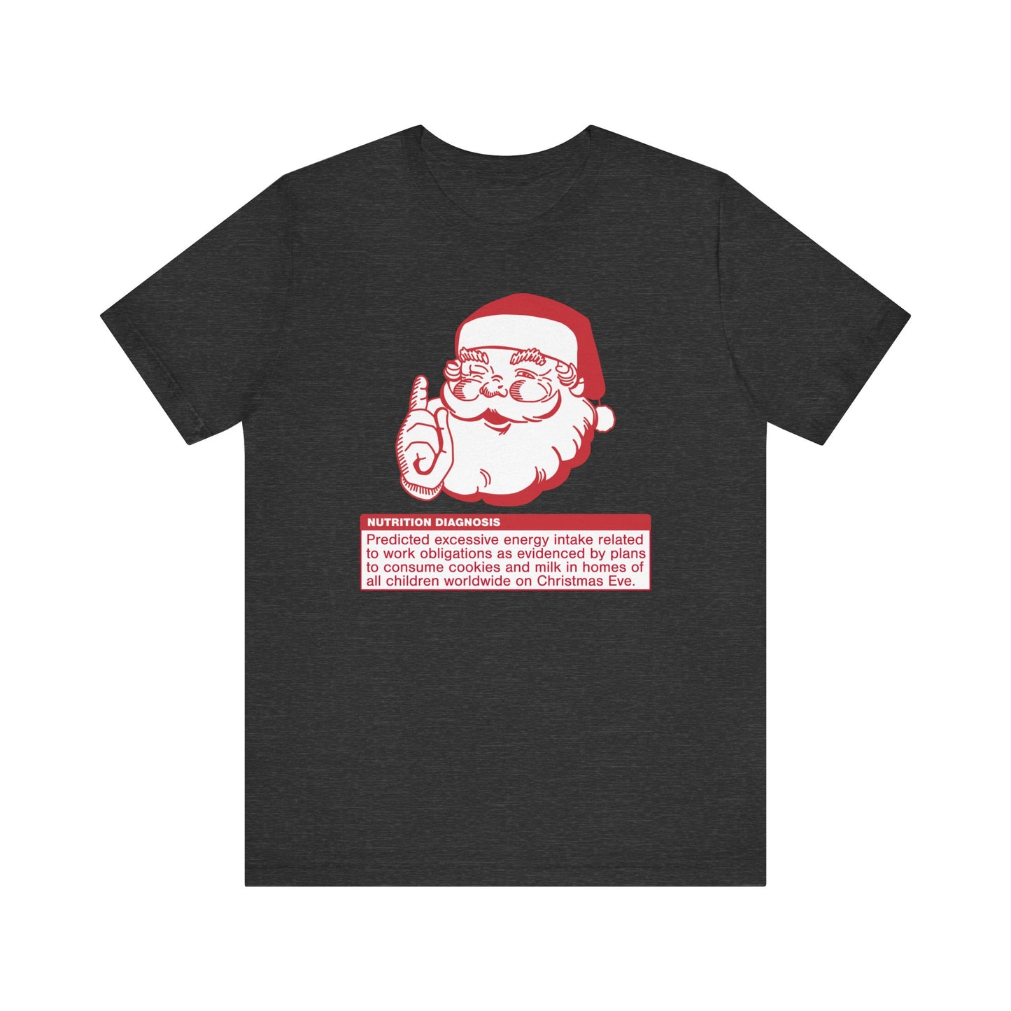 Charcoal t-shirt with a graphic of Santa Claus and a PES statement  on a white background