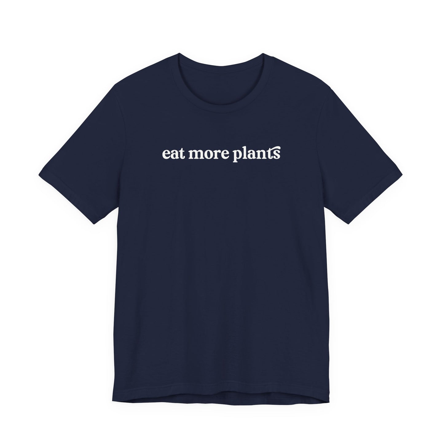 Navy blue t-shirt with 'eat more plants' text on a white background