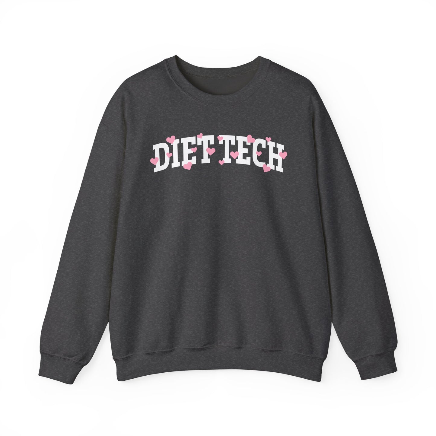 Charcoal sweatshirt with arched "DIET TECH" text in white with pink hearts sprinkled throughout the letters