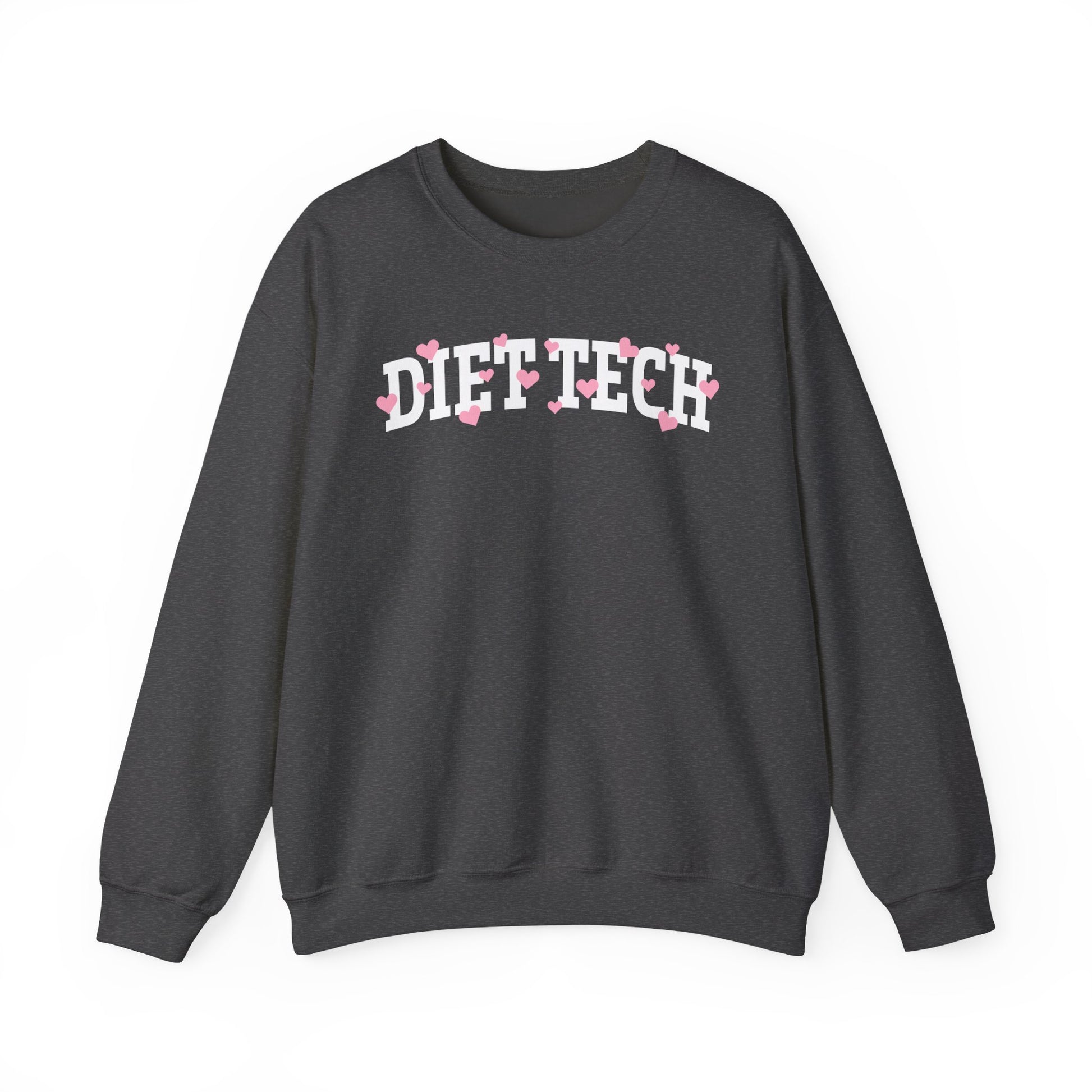 Charcoal sweatshirt with arched "DIET TECH" text in white with pink hearts sprinkled throughout the letters