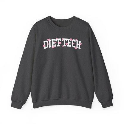 Charcoal sweatshirt with arched "DIET TECH" text in white with pink hearts sprinkled throughout the letters