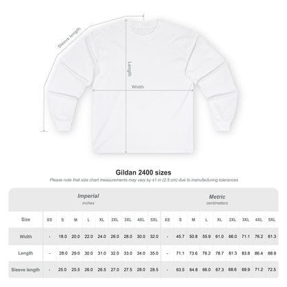 Gildan 2400 size chart for a white long sleeve shirt with measurements in inches and centimeters.