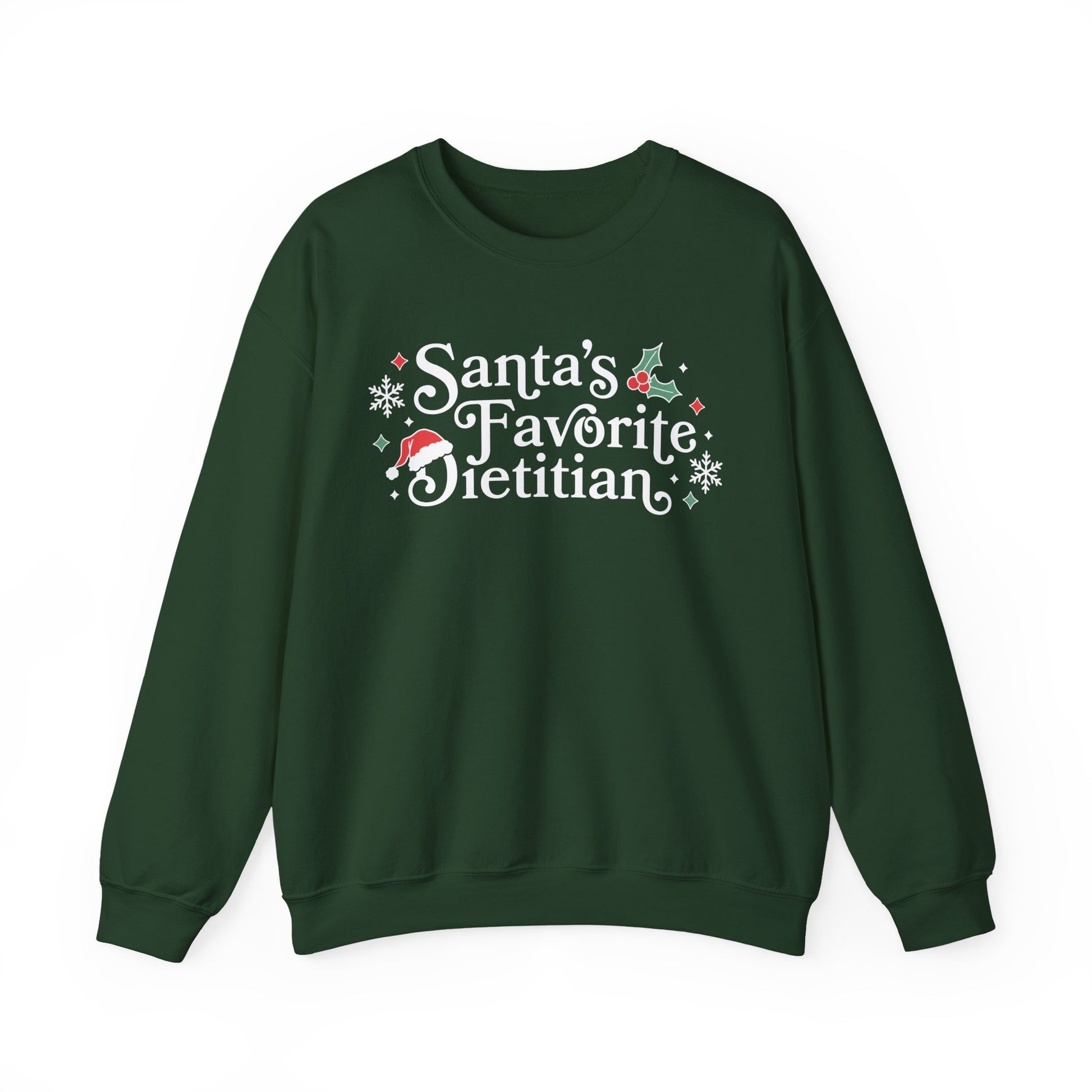 Green sweatshirt with 'Santa's Favorite Dietitian' text on a white background