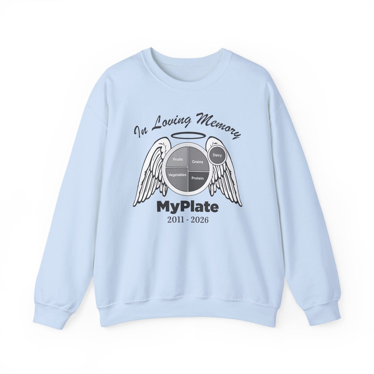 Light blue sweatshirt with 'MyPlate' graphic and text on a white background