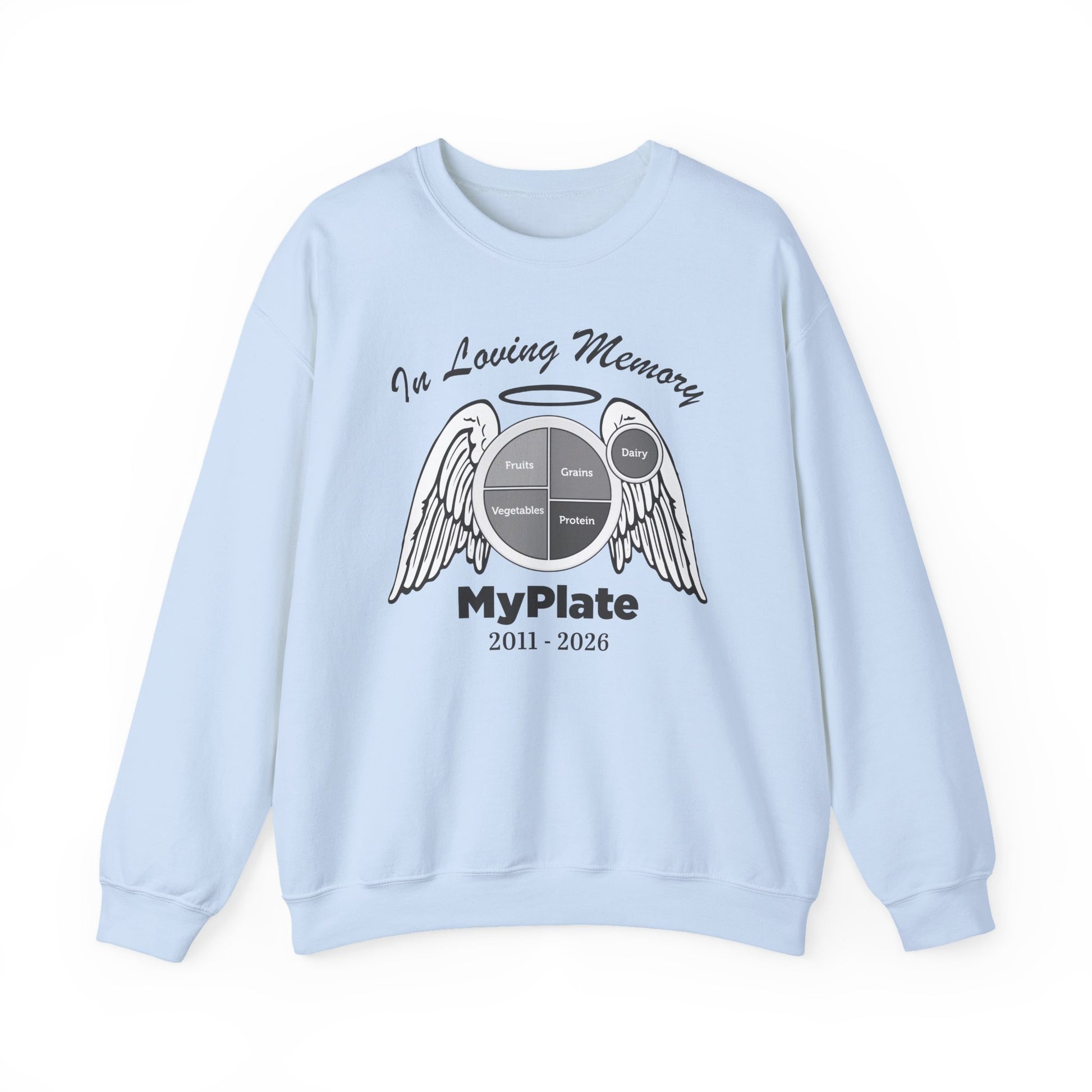 Light blue sweatshirt with 'MyPlate' graphic and text on a white background