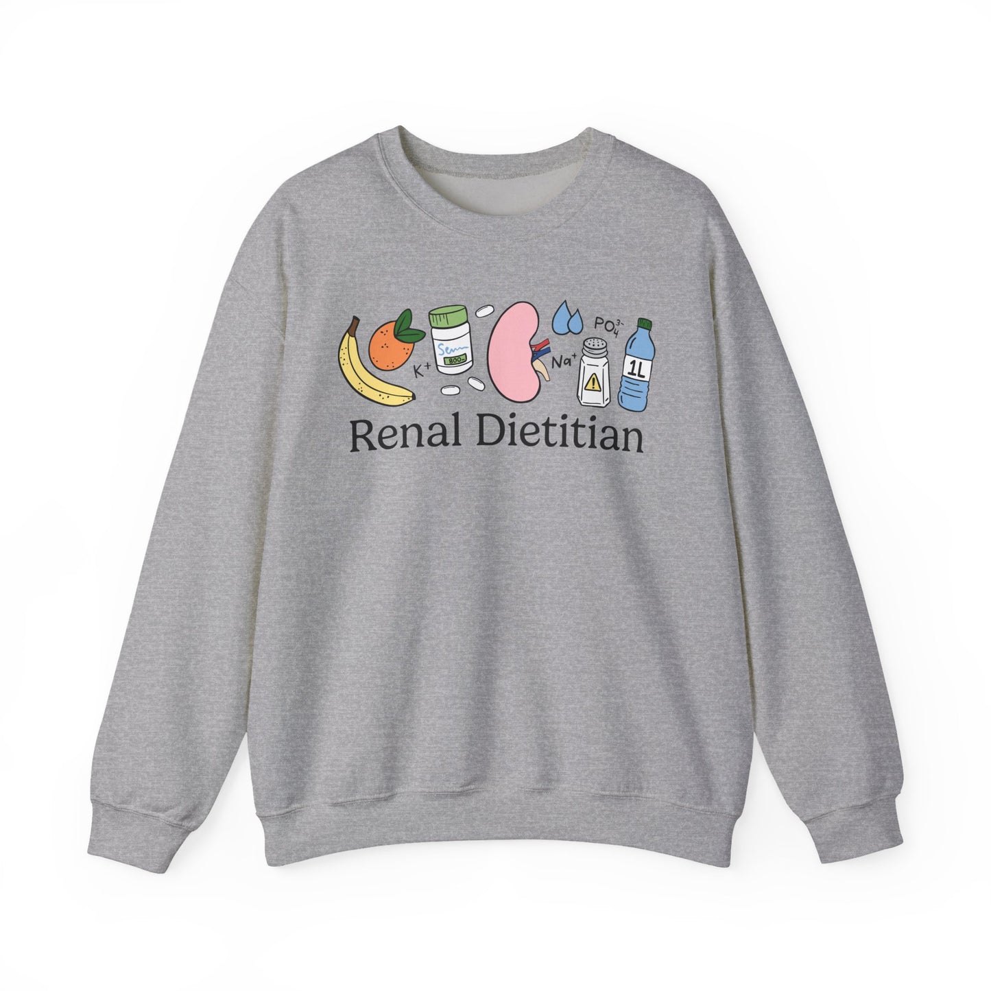 Gray sweatshirt with renal themed doodles and text 'Renal Dietitian'