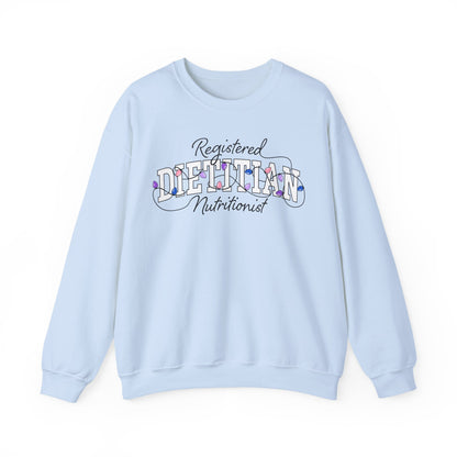 Light blue sweatshirt with 'Registered Dietitian Nutritionist' text on a white background