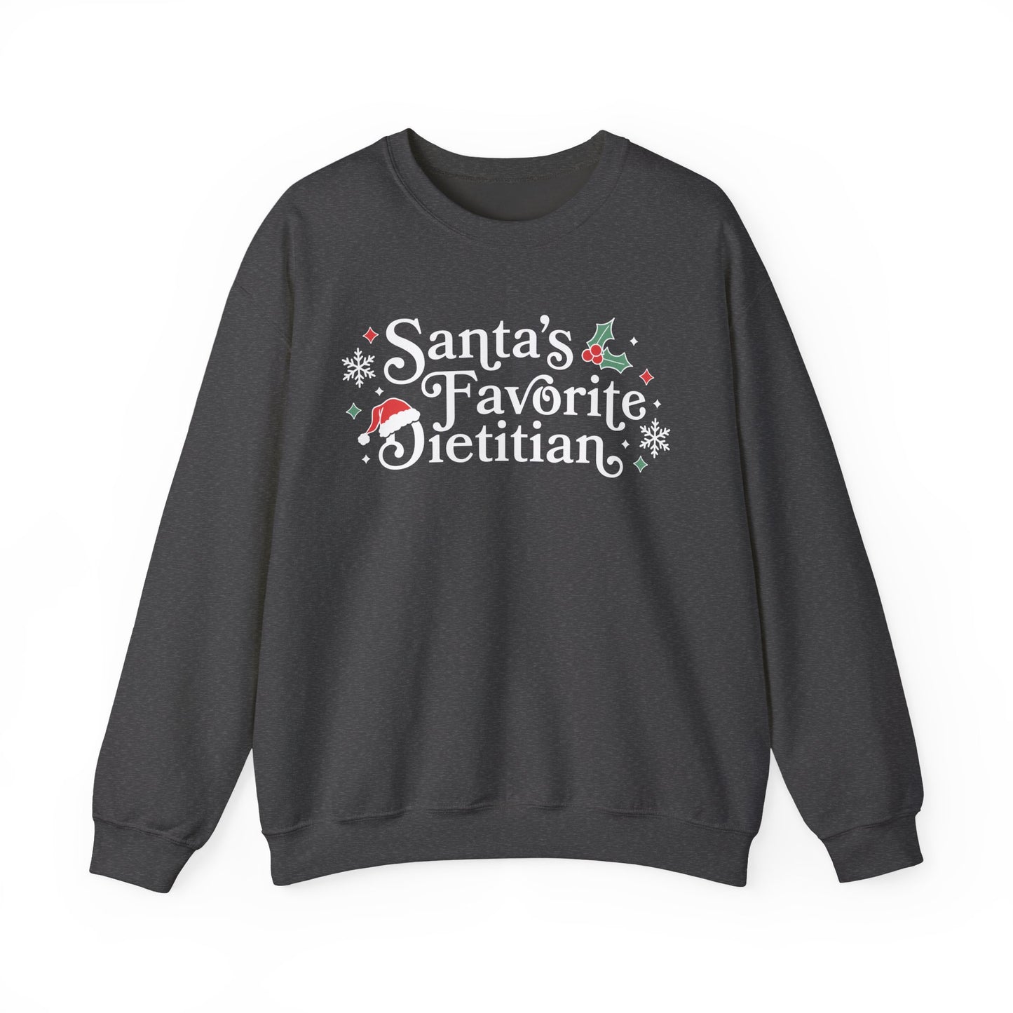 Dark gray sweatshirt with 'Santa's Favorite Dietitian' text on a white background