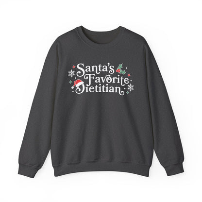 Dark gray sweatshirt with 'Santa's Favorite Dietitian' text on a white background