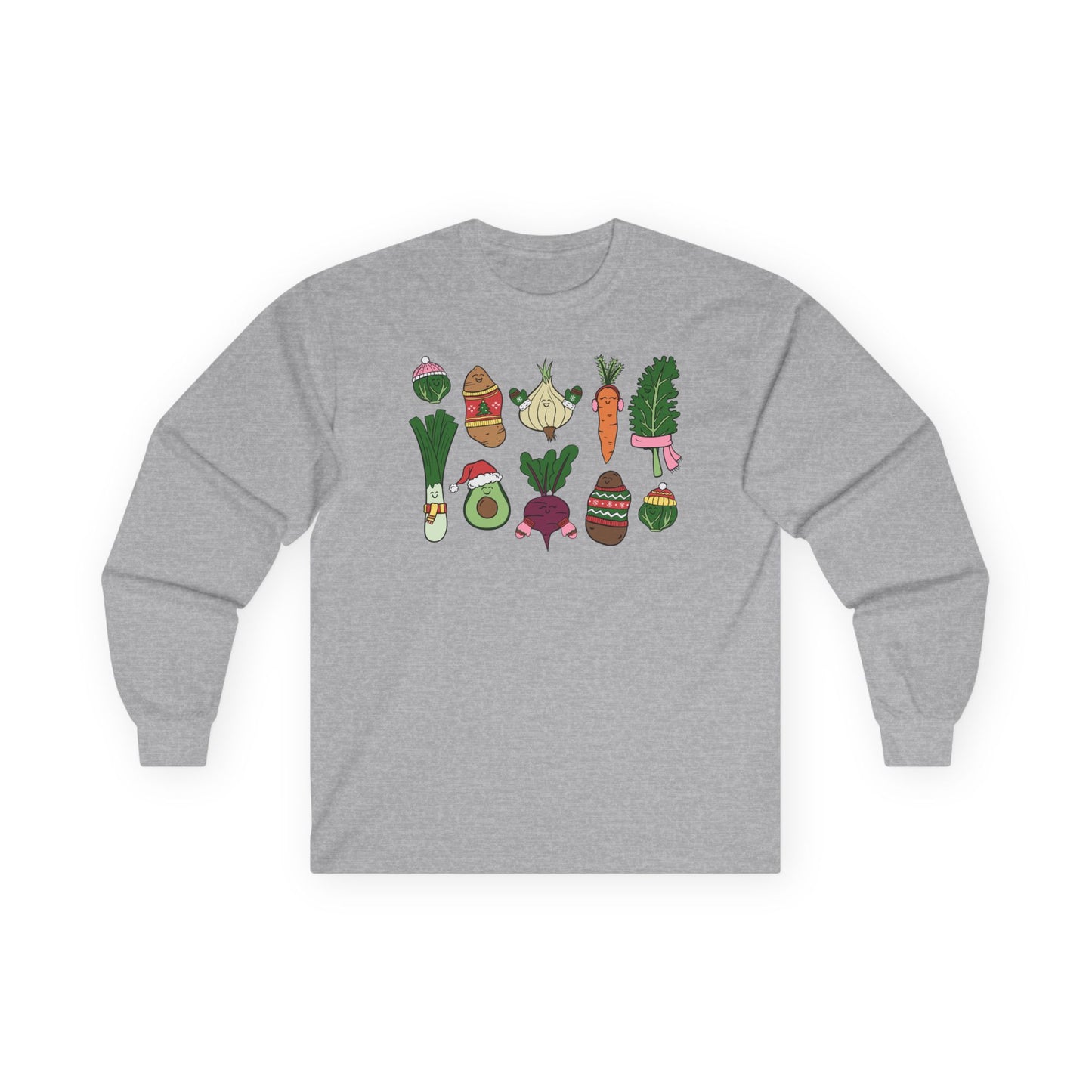 Gray long-sleeve shirt with colorful vegetable graphics on a white background