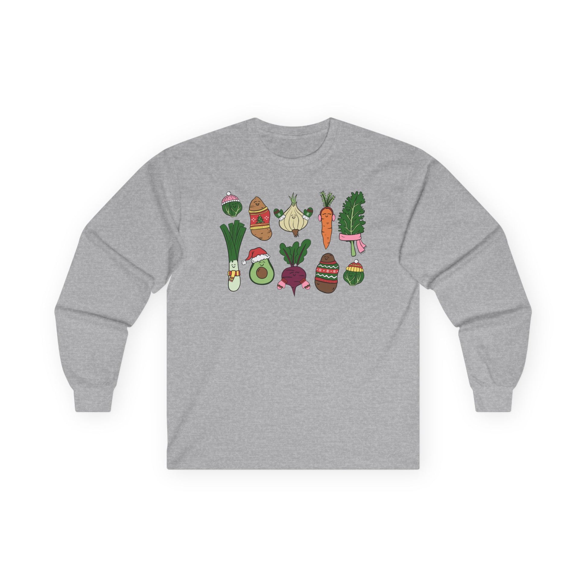 Gray long-sleeve shirt with colorful vegetable graphics on a white background