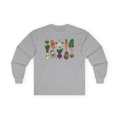 Gray long-sleeve shirt with colorful vegetable graphics on a white background