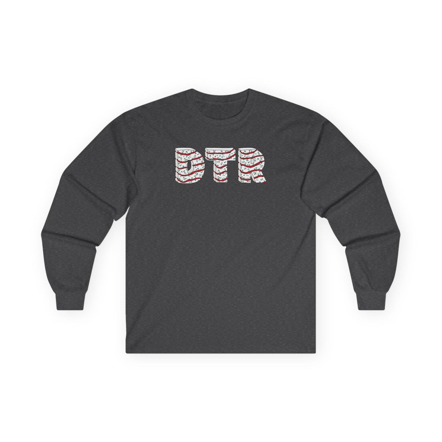Dark gray long-sleeve shirt with 'DTR' logo on a white background