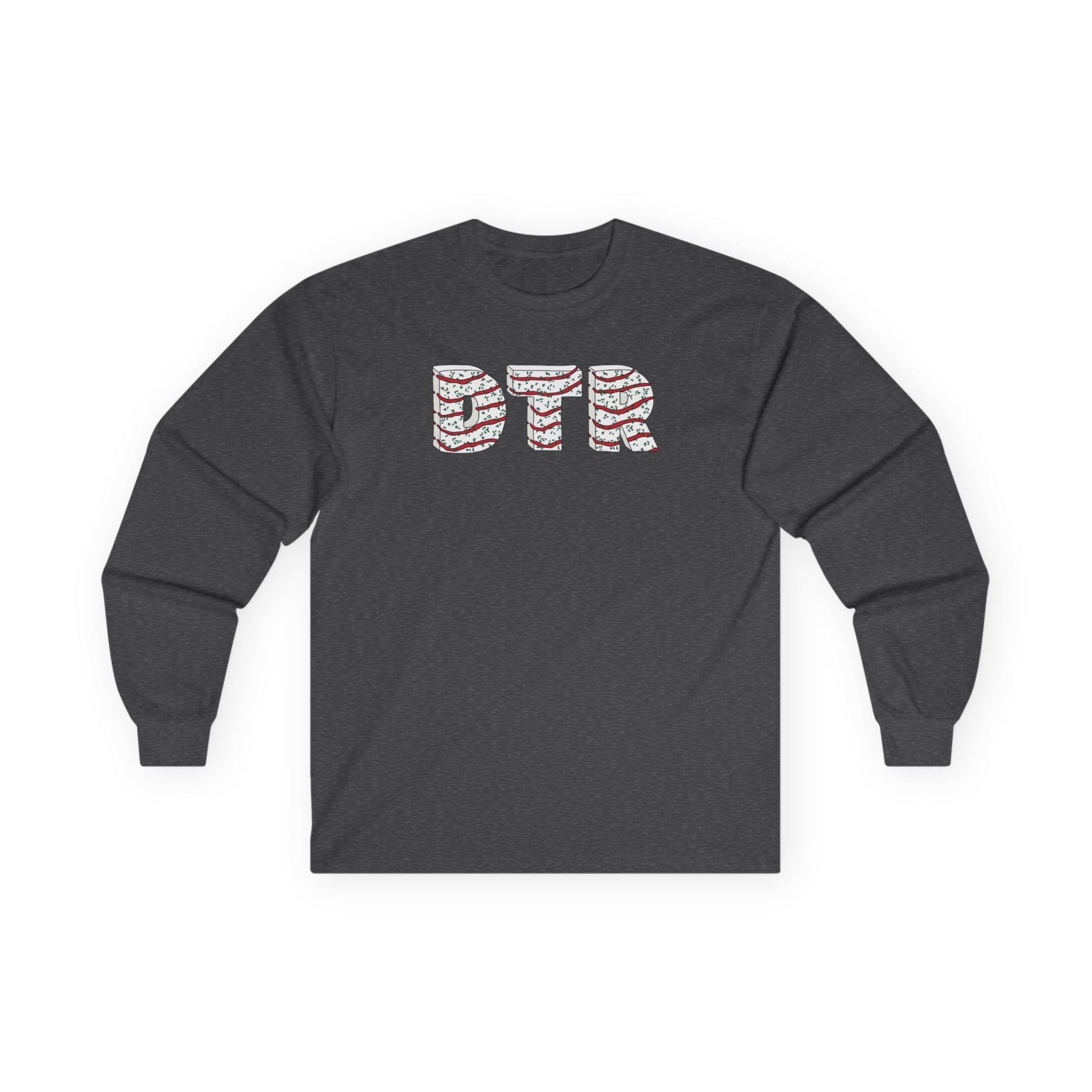 Dark gray long-sleeve shirt with 'DTR' logo on a white background