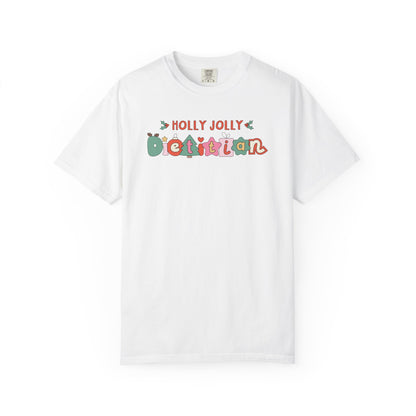 White tshirt with 'Holly jolly dietitian' in cute Christmas themed cartoon letters