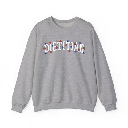 Gray sweatshirt with 'DIETITIAN' text in white with strawberries and blueberries sprinkled throughout letters