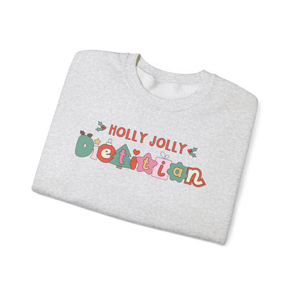 Folded ash gray sweatshirt with 'Holly Jolly Dietitian' text on a white background