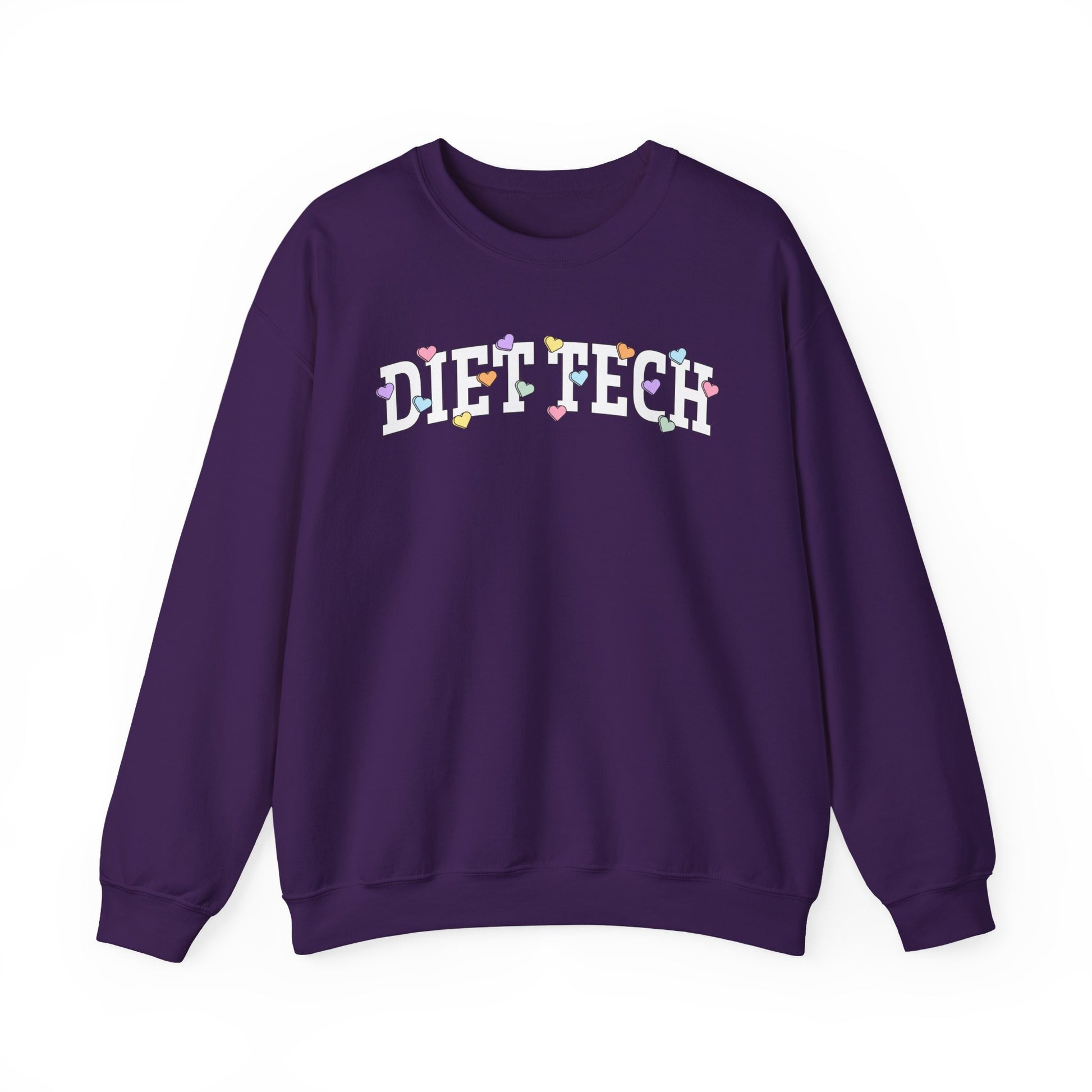 Purple sweatshirt with arched "DIET TECH" text in white with multi-colored heart shaped Valentine candy sprinkled throughout the letters