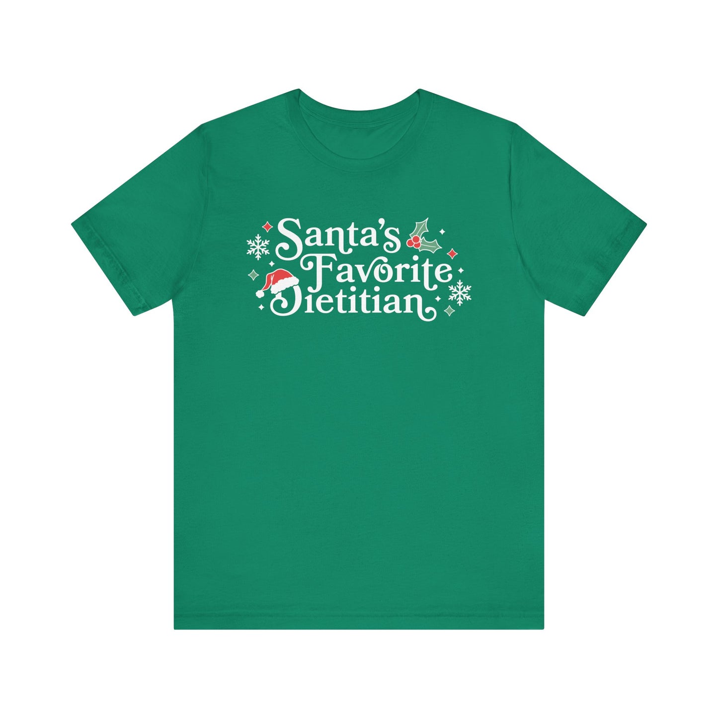 Green t-shirt with 'Santa's Favorite Dietitian' text on a white background