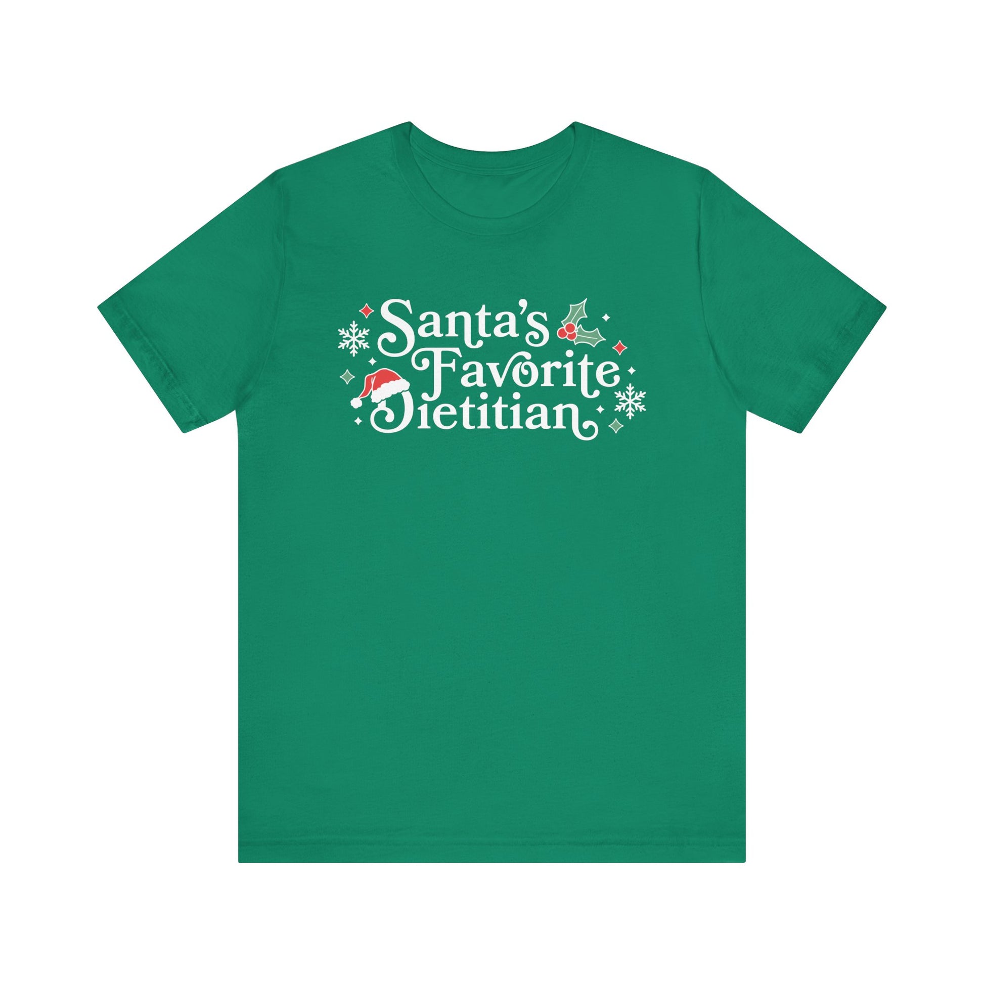 Green t-shirt with 'Santa's Favorite Dietitian' text on a white background