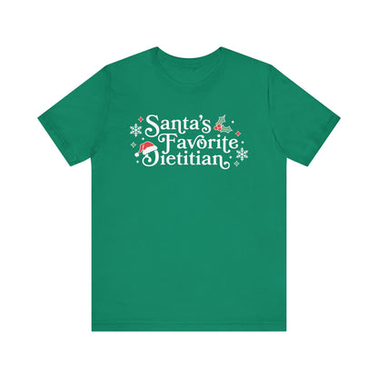 Green t-shirt with 'Santa's Favorite Dietitian' text on a white background