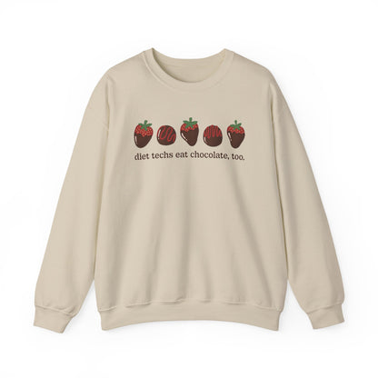 Sand sweatshirt with chocolate covered strawberries and truffles with the text "diet techs eat chocolate, too.