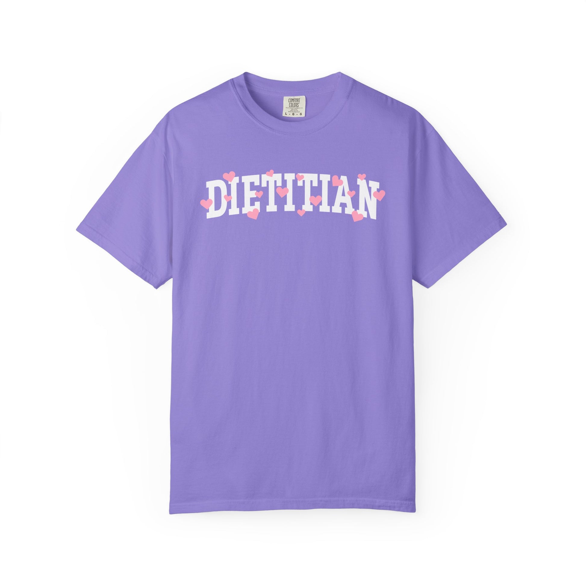 Violet tshirt with arched "DIETITIAN" text in white with pink hearts sprinkled throughout the letters