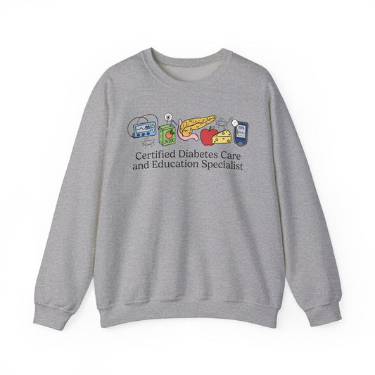 Gray sweatshirt with diabetes care doodles and text on a white background