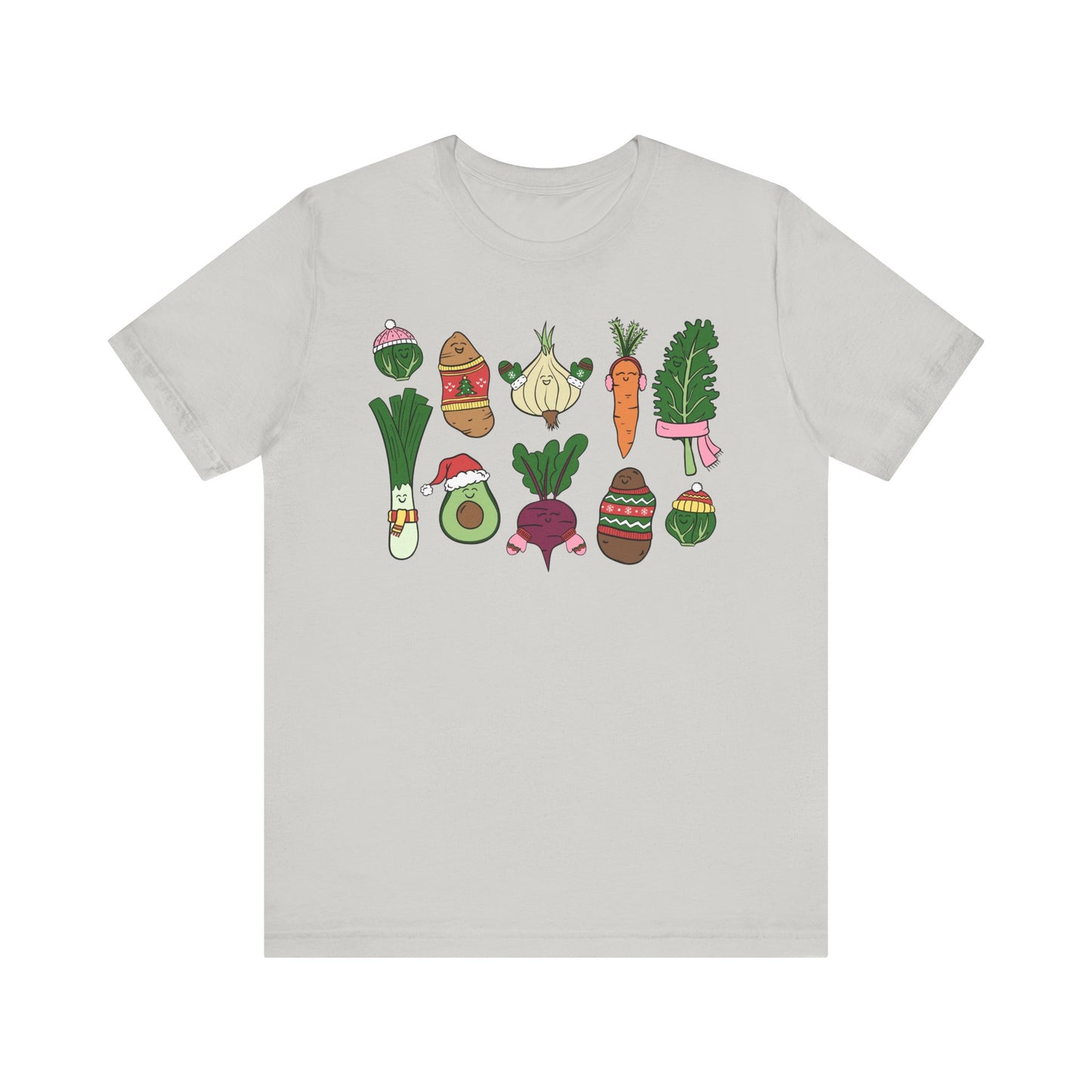 Light gray t-shirt with colorful vegetable illustrations on a white background