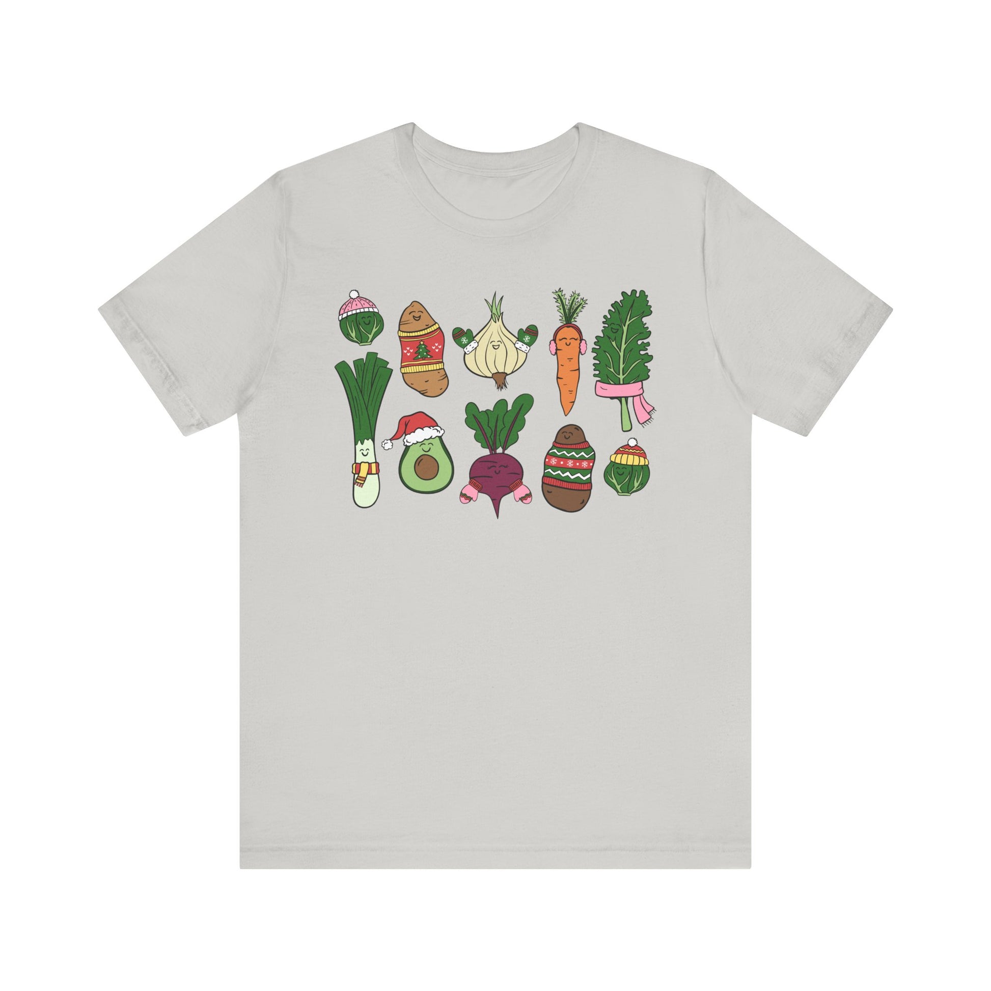 Light gray t-shirt with colorful vegetable illustrations on a white background