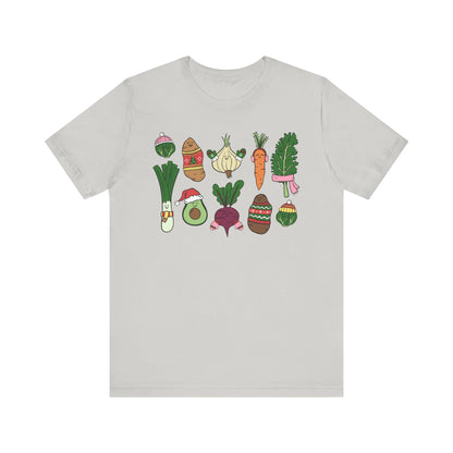 Light gray t-shirt with colorful vegetable illustrations on a white background