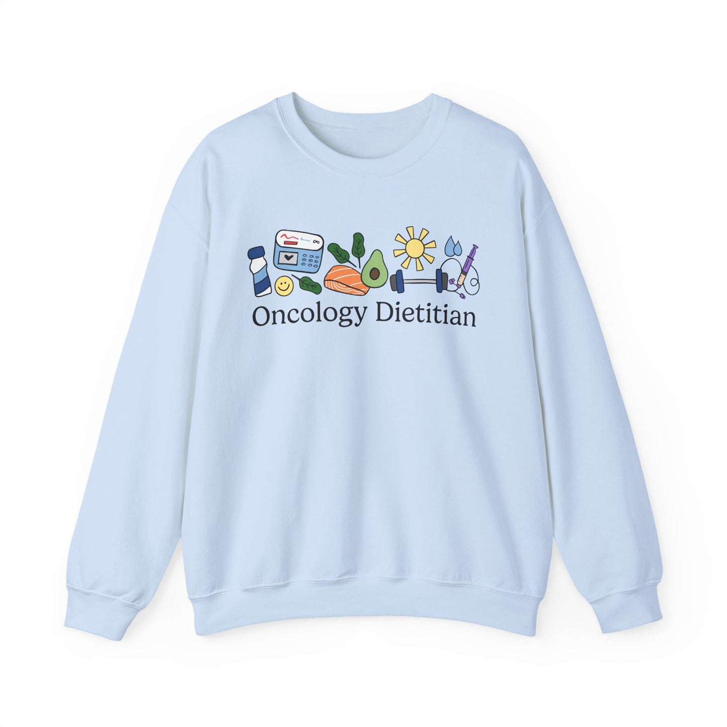 Light Blue sweatshirt with 'Oncology Dietitian' text and doodles