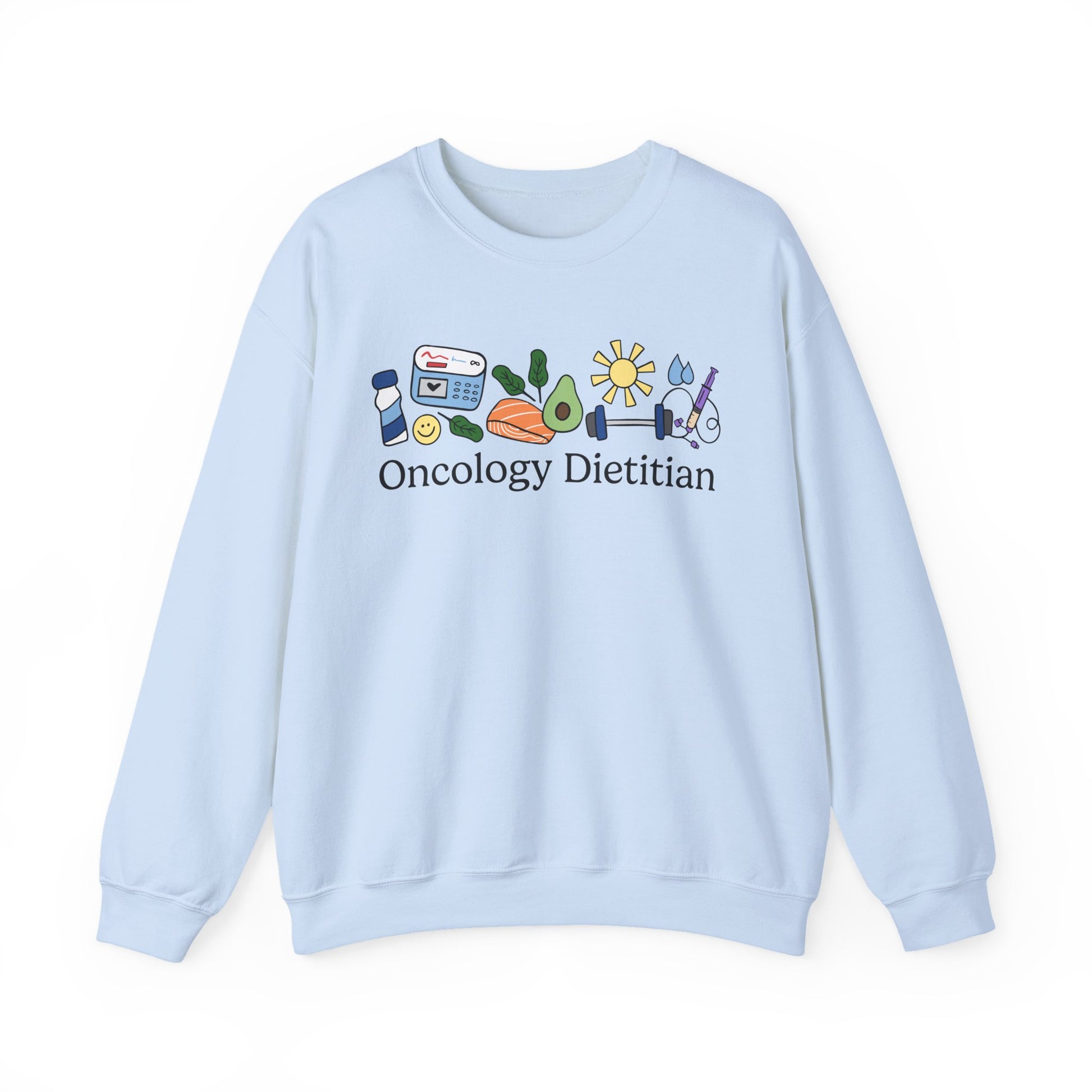 Light Blue sweatshirt with 'Oncology Dietitian' text and doodles