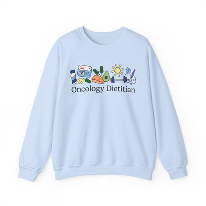 Light Blue sweatshirt with 'Oncology Dietitian' text and doodles