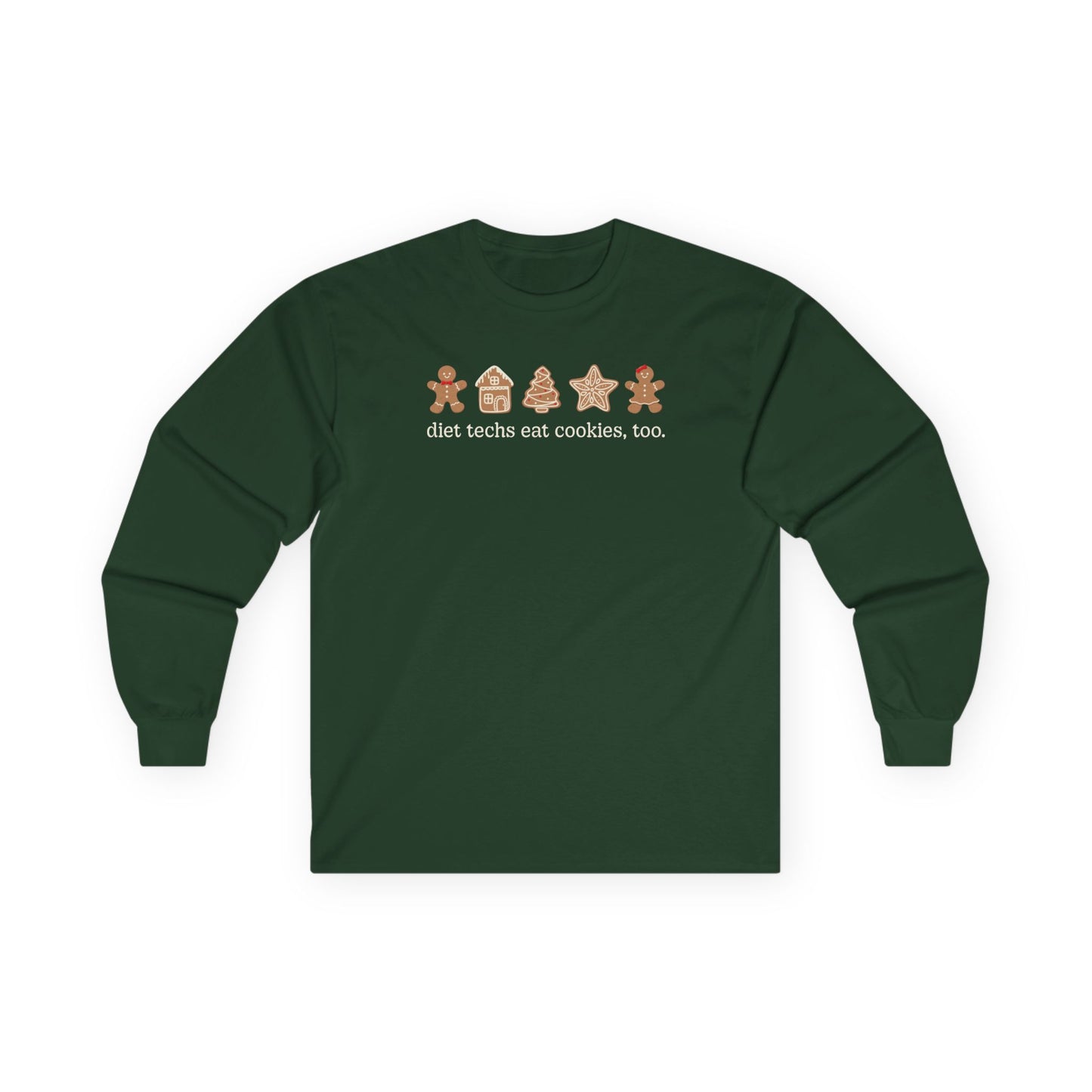 Green long-sleeve shirt with gingerbread-themed design on a white background