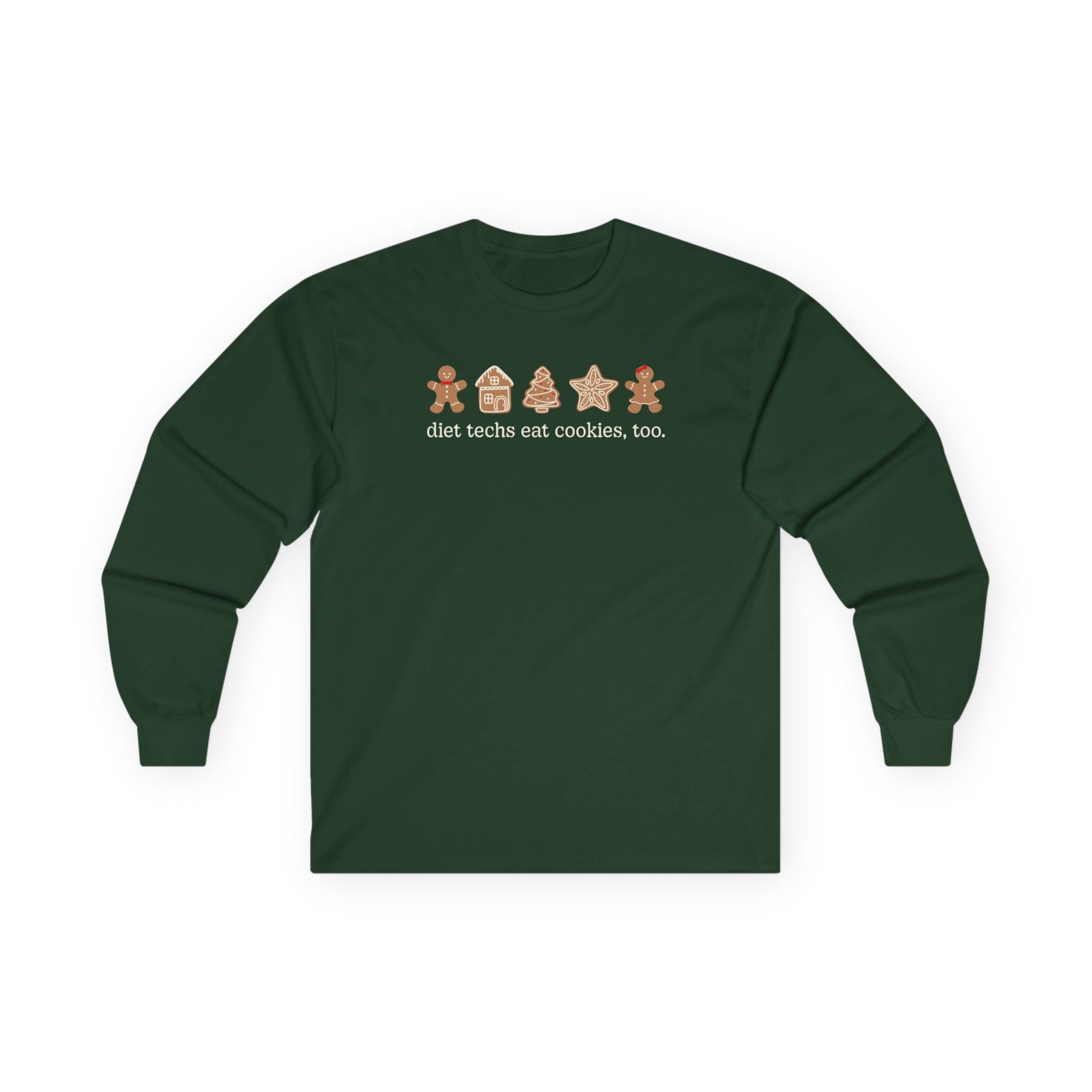 Green long-sleeve shirt with gingerbread-themed design on a white background