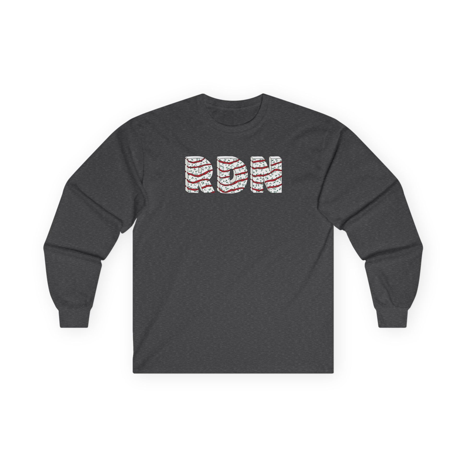 Dark gray long-sleeve shirt with 'RDN' logo on a white background