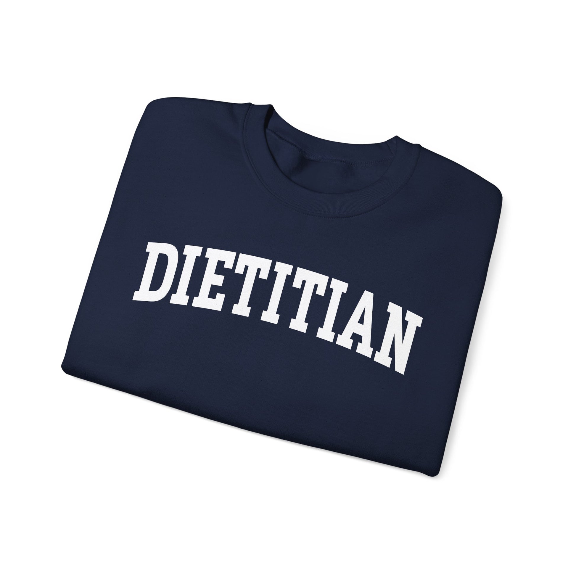 Navy blue sweatshirt with 'DIETITIAN' printed in white on a white background
