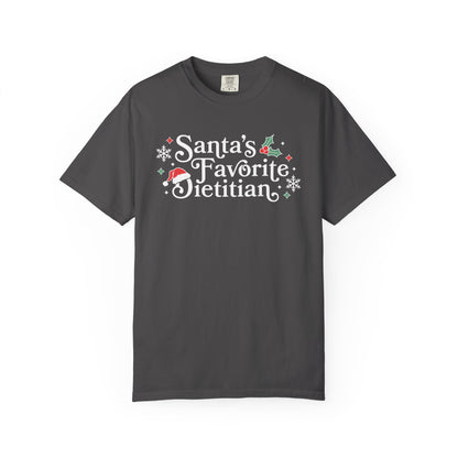 Gray t-shirt with 'Santa's Favorite Dietitian' text on a white background