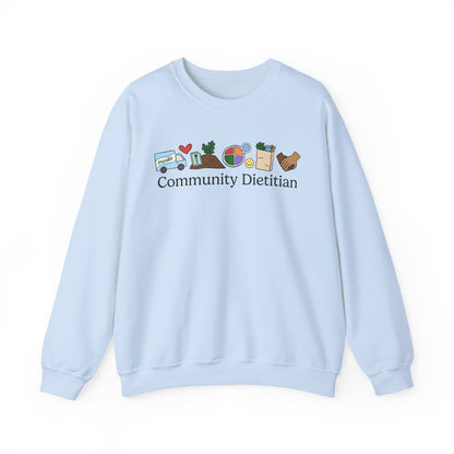 Gray sweatshirt with 'Community Dietitian' text and doodles