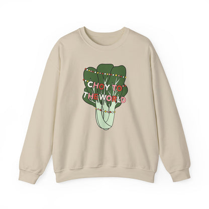 Sand colored sweatshirt with bok choy graphic and 'Choy to the World' text on a white background